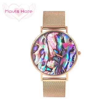 

Mavis Hare Coral Red REAL Abalone Shell Wristwatch with Stainless Steel Mesh Bracelet Bands Ocean Series Watches with Box Pack