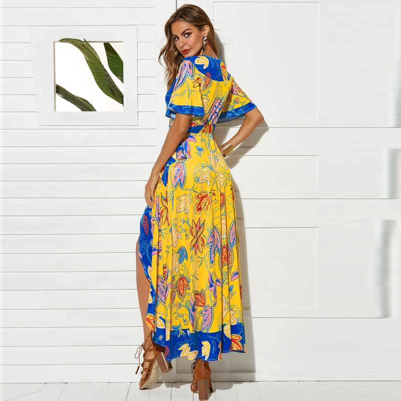 VITIANA Women Casual Long Dress Summer Female 2019 Print Floral Yellow Sleeve V-Neck Empire Beach Sexy Party Dresses Vesdios VITIANA Women Casual Long Dress Summer Female 2019 Print Floral Yellow Sleeve V-Neck Empire Beach Sexy Party Dresses Vesdios