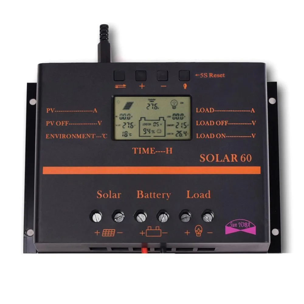 

Original Sun YOBA Brand Solar Charge Controller 60A 12V 24V LCD Solar Regulator Charge Controller & USB + 16ft Cable