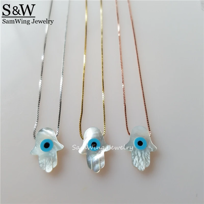 

Free Shipping 925 Sterling Silver Genuine Mother Of Pearl Hamsa Pendant Necklace