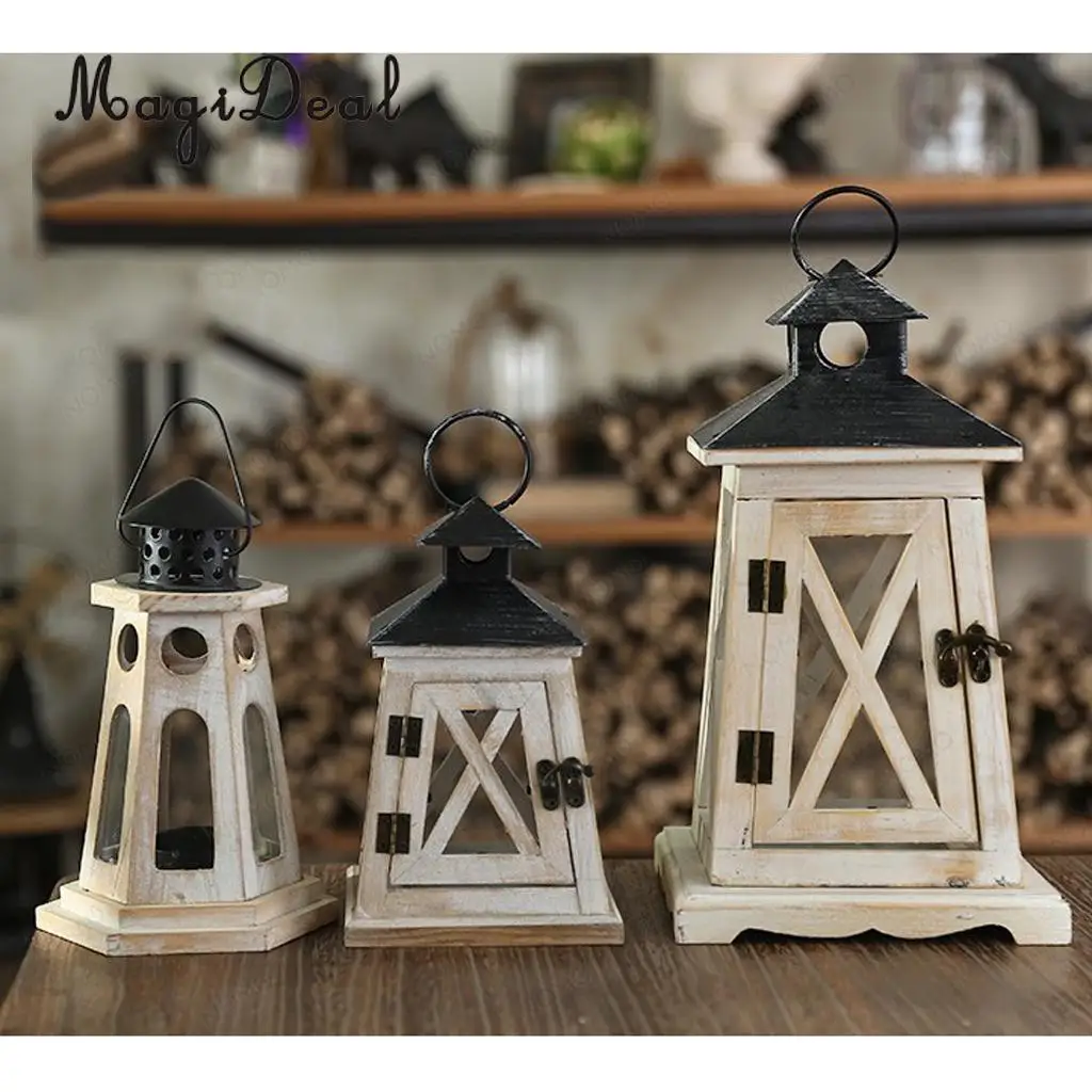 

Wooden + Glass + Iron Votive Wind Proof Candle Holder Tealight Lantern Panels Decor Figurine Model Hand Craft