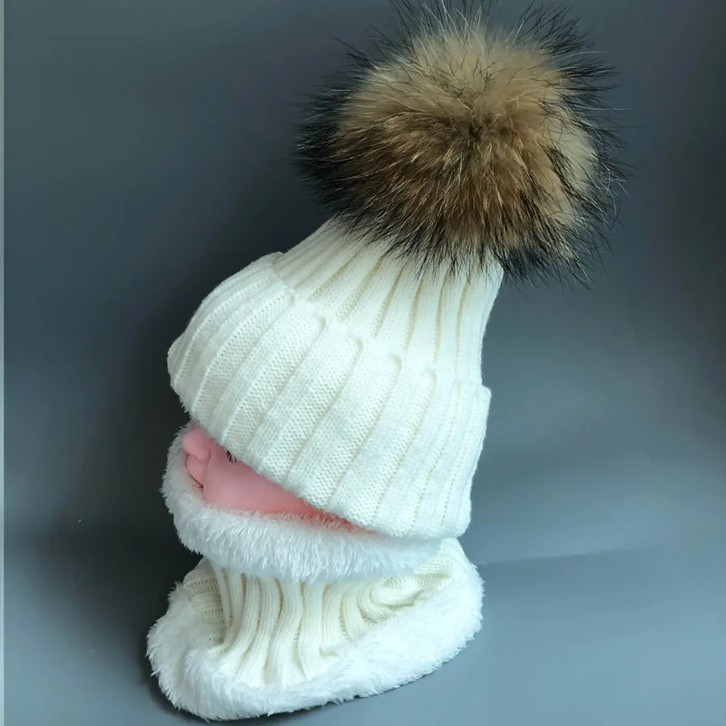 Kids Boys Girls hats Warm Fleece Liner Beanie Hats set With Scarf Fur Winter Hat For Children Baby Skullies Beanies