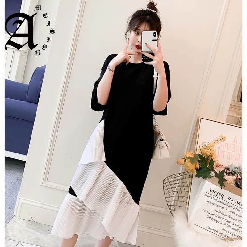 

Ameision women Summer Dress Short Sleeves dress O-Neck Patchwork Casual loose Pleated dress vestidos plus size XL-5XL