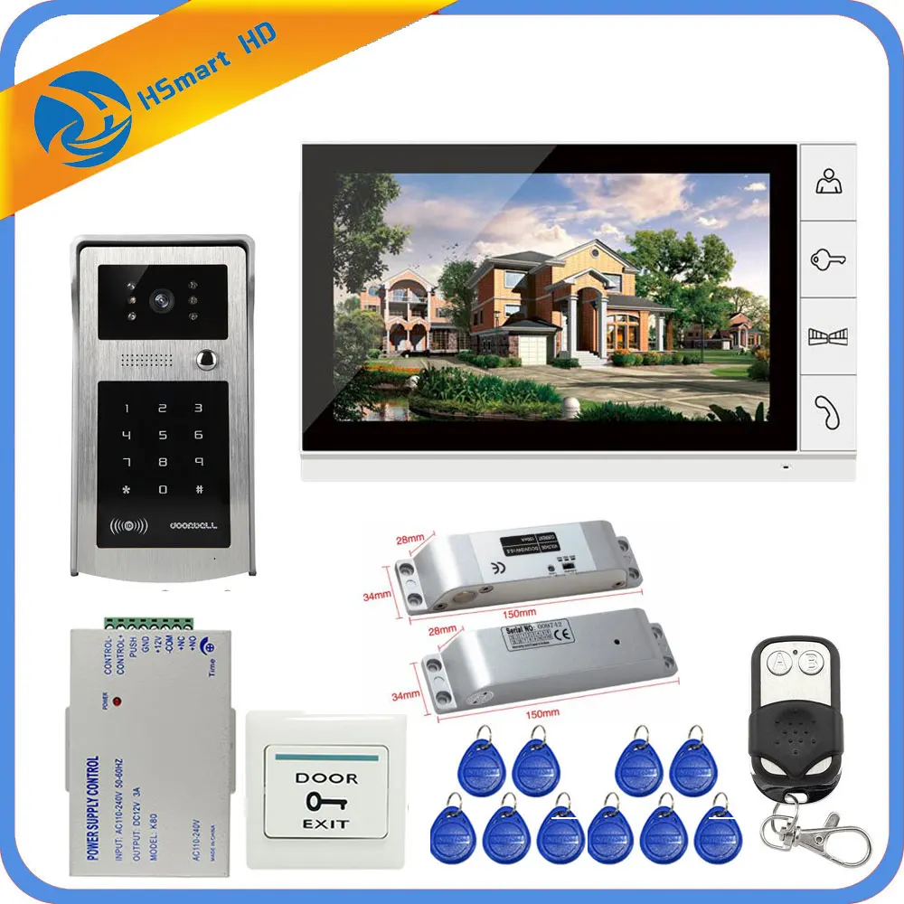 New 9inch lcd video door phone intercom system+Electric Bolt Lock+ID Inductive Card password Camera+Power Supply+Door Exit