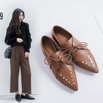 

hot VANGULL women Genuine Leather shoes cow leather pointed toe women pumps Retro upscale elegant Rivet straps professional