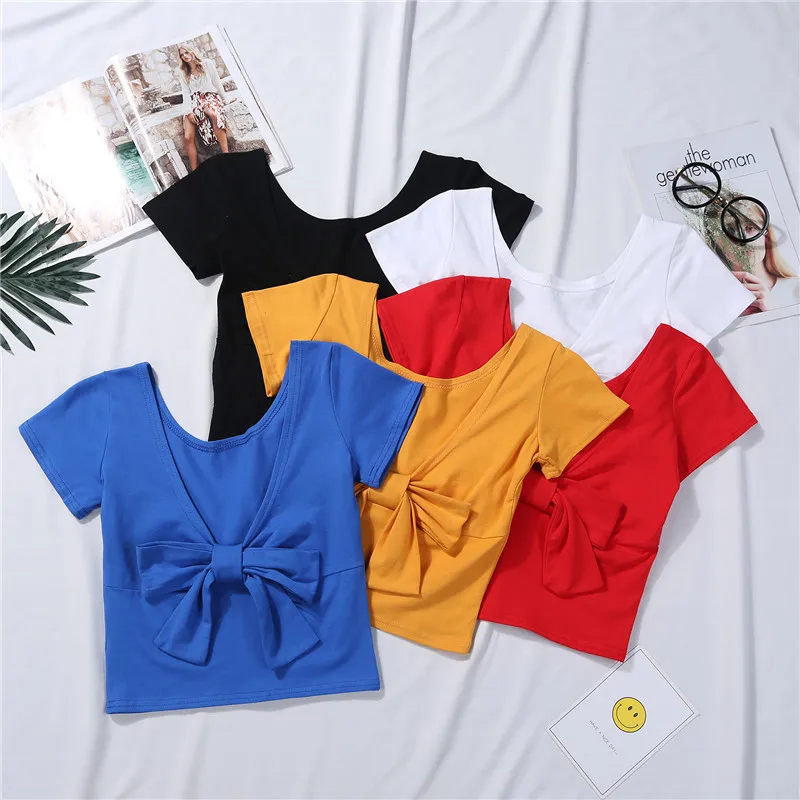 

Open Back Bow Casual Solid Female Cotton Backless T-Shirt Short Sleeve Round Neck TShirt High Waist Slim Sexy T-shirts for women