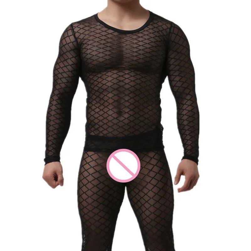 Сексуальное мужское нижнее белье с длинными рукавами и круглым вырезом, прозрачная пижама в сеточку, нижнее белье в сеточку