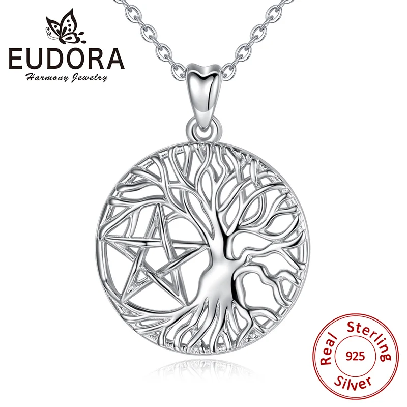 

EUDORA 100% 925 Sterling Silver Celtics Knot Tree of life Pendant Necklaces with Star Charming Jewelry For Women Best Gift D418