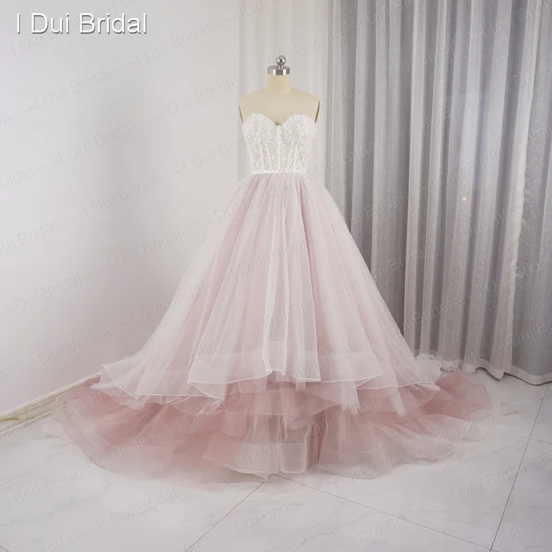 Милое бледно-розовое свадебное платье из тюля, многослойное кружевное роскошное сказочное романтическое свадебное платье с жемчугом, настоящая фотография