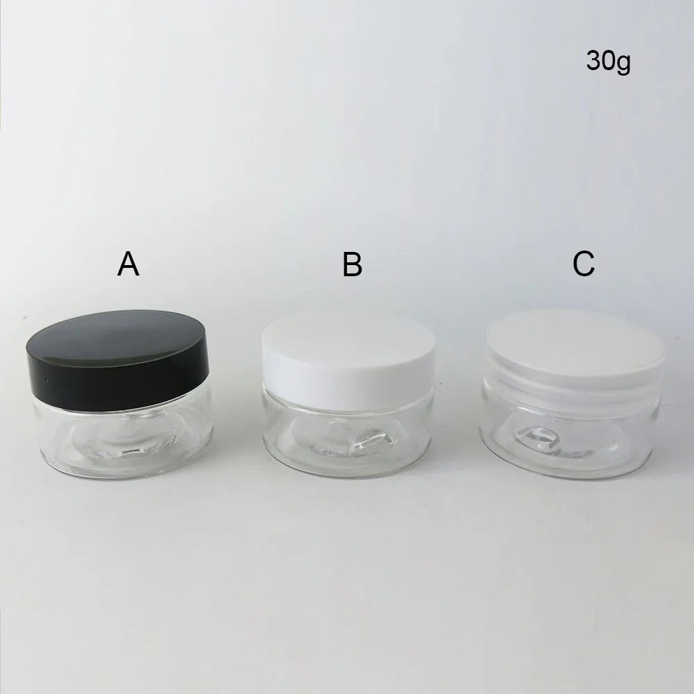 

50 x 30g DIY Mini Portable Small Jar Pot Box Makeup Nail Art Cosmetic Cream 30cc Box Black Clear White Cap Container Plastic Jar