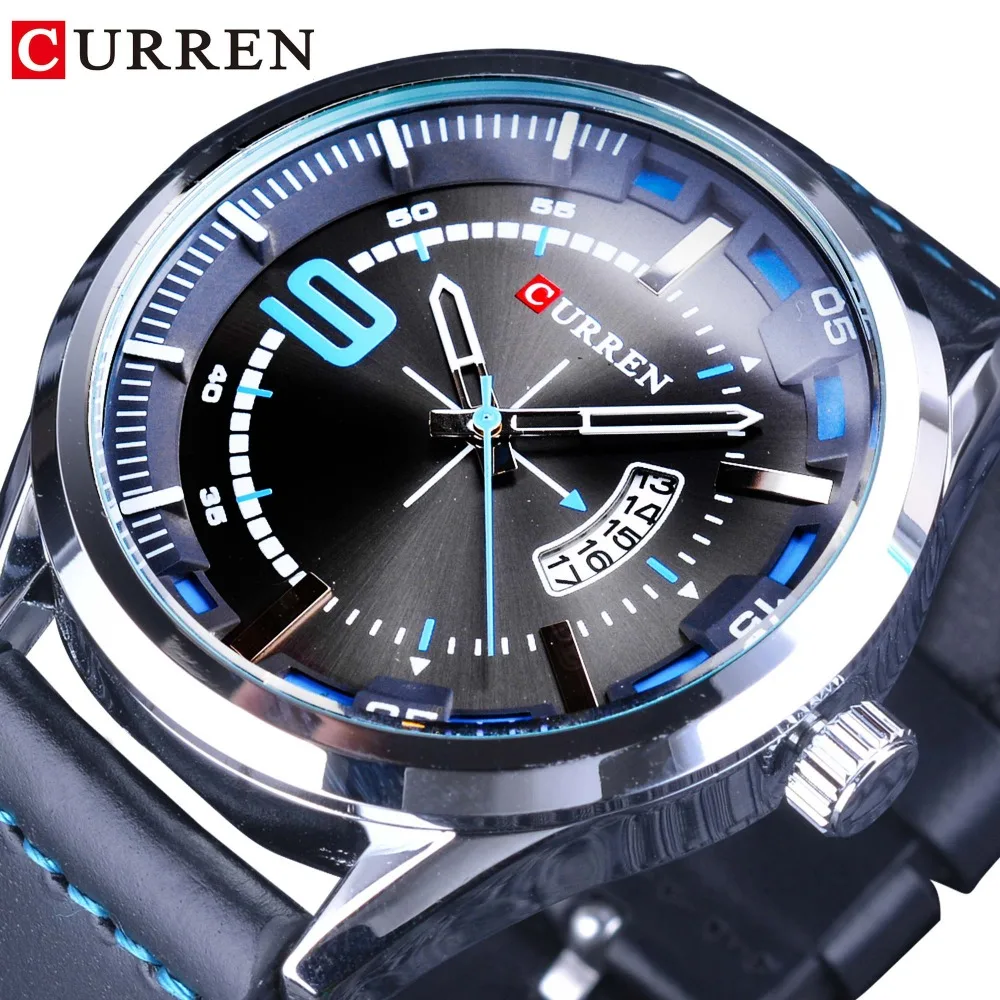 

CURREN Calendar Display 3D Dial Fashion Black Silver Analog Casual Mens Quartz Sport Wrist Watches Top Brand Luxury Blue Leather