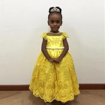 

Lovely Yellow First Communion Dresses Girls Baby Ball gown Cap Sleeve Pearls Lace Bowknot Flower Girl Dresses for Wedding Party