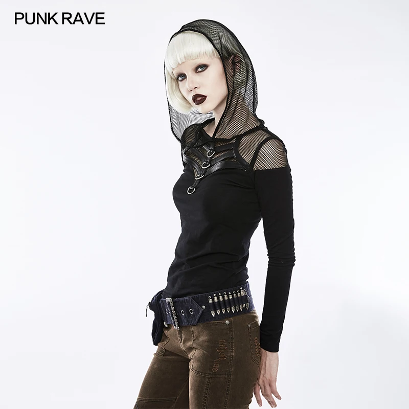 Punk Rave Hooded Long Sleeve T-shirt black sexy women casual rock personality women summer t shirt top WT495 Punk Rave Hooded Long Sleeve T-shirt black sexy women casual rock personality women summer t shirt top WT495