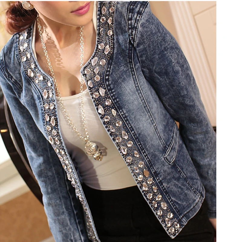 FMFSSOM New Arrival Spring Antumn Denim Jackets Vintage Diamonds Casual Coat Women's Denim Jacket For Outerwear Jeans