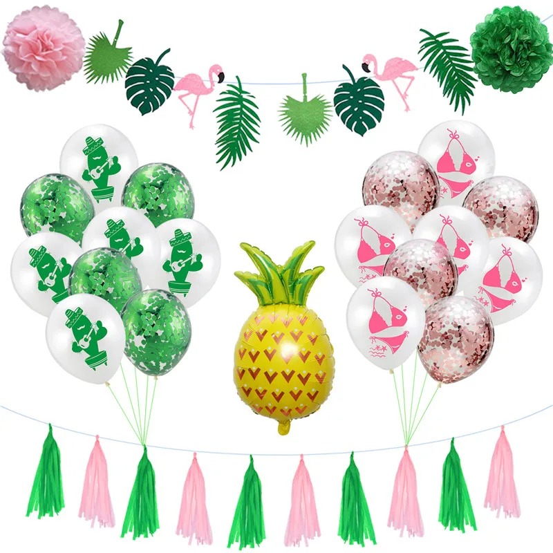 

18pcs Hawaii Theme Party Balloon Set Cactus Bikini Print Latex Balloon Pineapple Aluminum Foil Balloon Confetti Decor Balloon