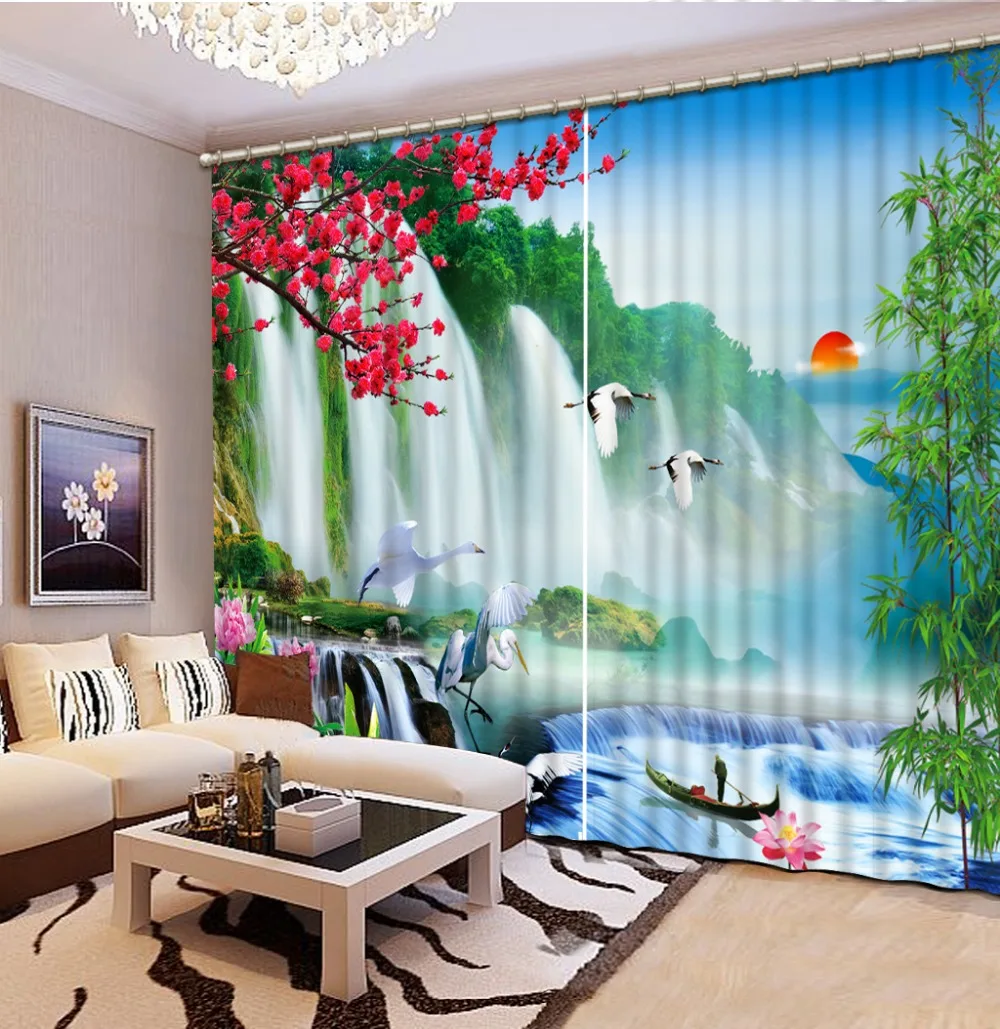 

Chinese Curtains Modern 3D beautiful waterfall landscape Curtains Window Printing Photo Curtains For Home Decor