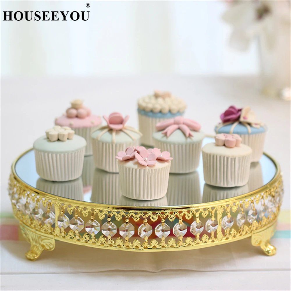 

Silver Gold Plating Cake Stand Crystal Decorations Glass Mirror Surface Serving Tray Pastry Cupcake Display Wedding Decoration