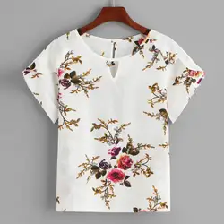 Лето 2019 г. модные повседневные топы с цветочным принтом и круглым вырезом, блузка, футболка, женская рубашка с короткими рукавами, Blusas Femininas