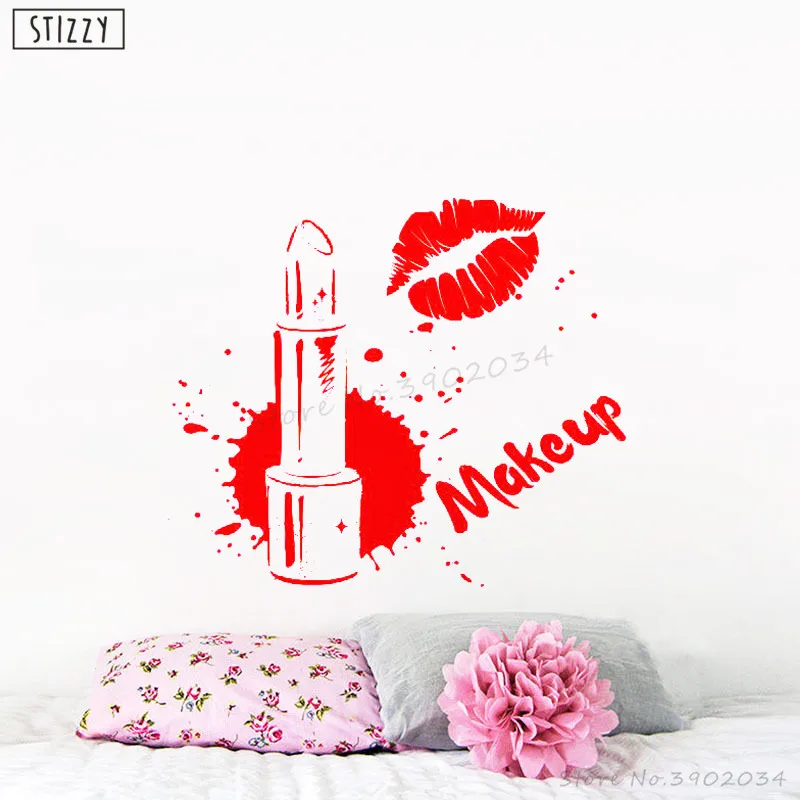 

STIZZY Wall Decal Woman Beauty Salon Vinyl Wall Stickers Girls Lips Cosmetic Lipstick Pattern Art Decor Makeup Removable DIY C78