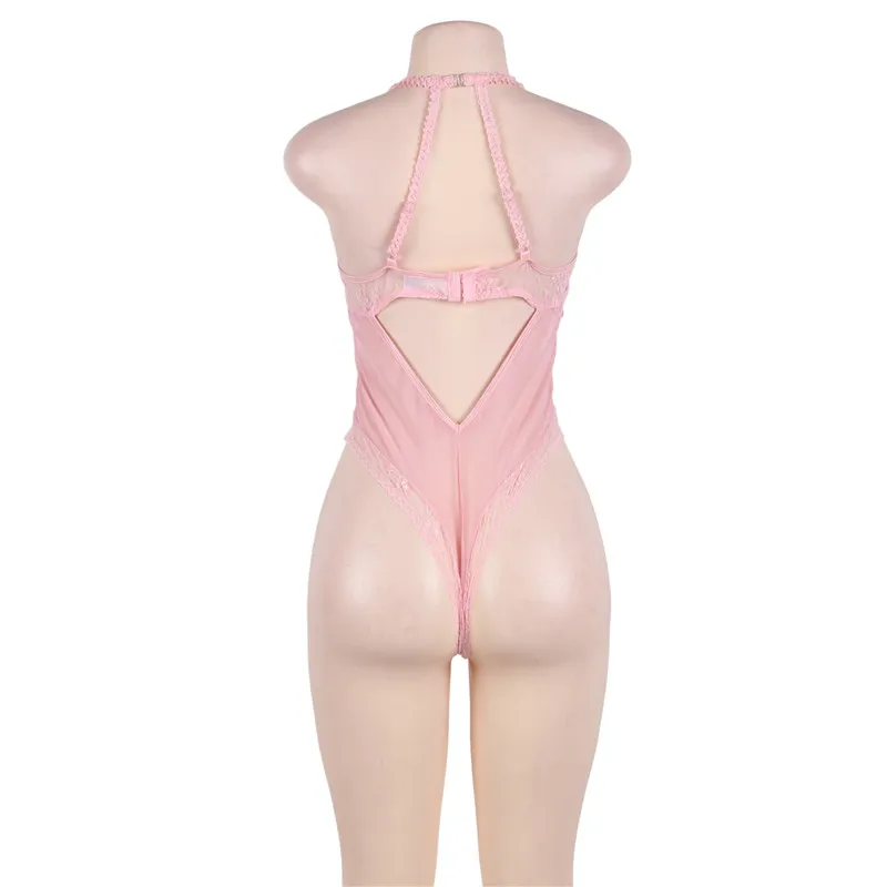 RS80466 женские сексуальные костюмы с бретельками на шее, открытая спина, 5XL, сексуальное эротическое нижнее белье, нижнее белье, Розовое Кружевное боди, костюм Cuerpo De Encaje