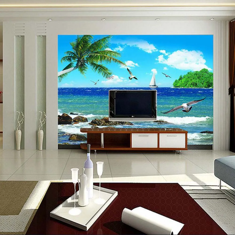 Sea Mew Palm Beach Blue Sky Landscape Mural Photo Wallpaper for Living