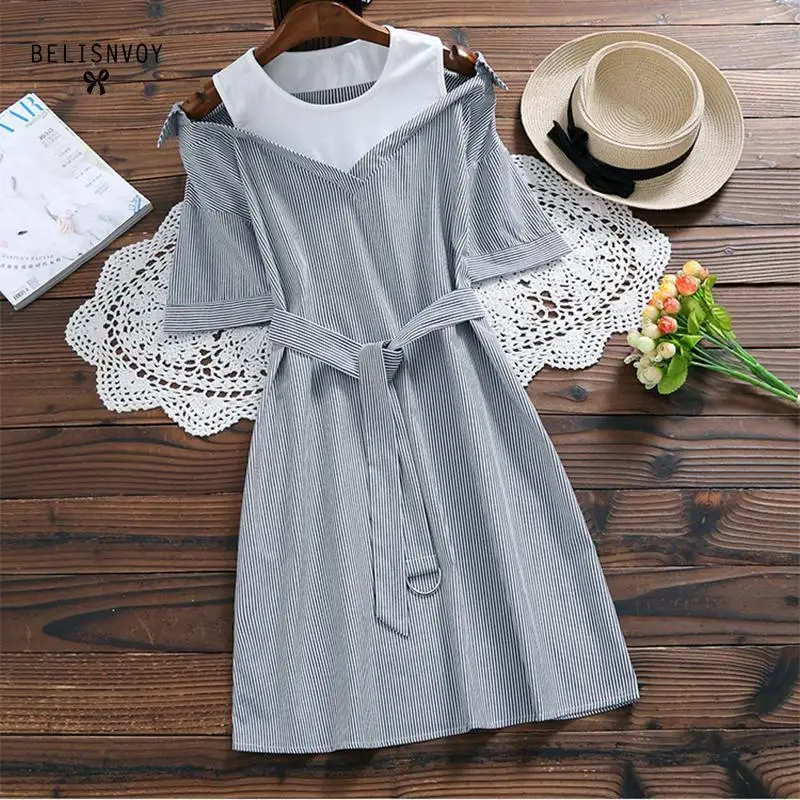 

2019 Summer A-line Dresses Women Fashion Literary Sweet Fake Two Pieces Striped Dress Casual Female Vintage Vestidos With Belt