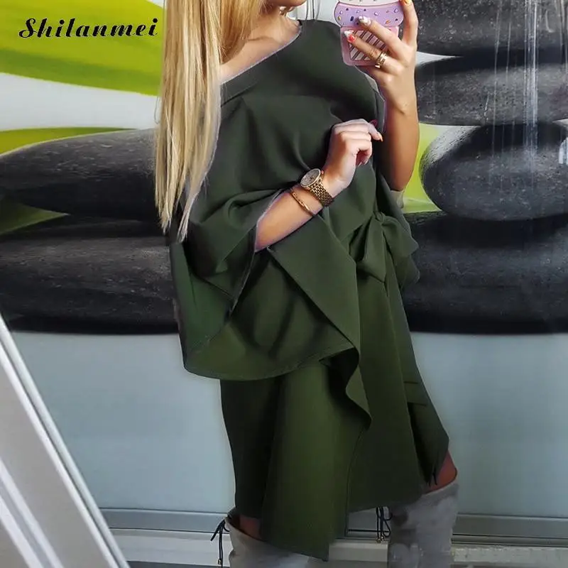 Fashion Women Chiffon Dress Spring Autumn Strapless Casual Solid Loose Batwing Sleeve Mini With Belt Irregular Beach | Женская одежда