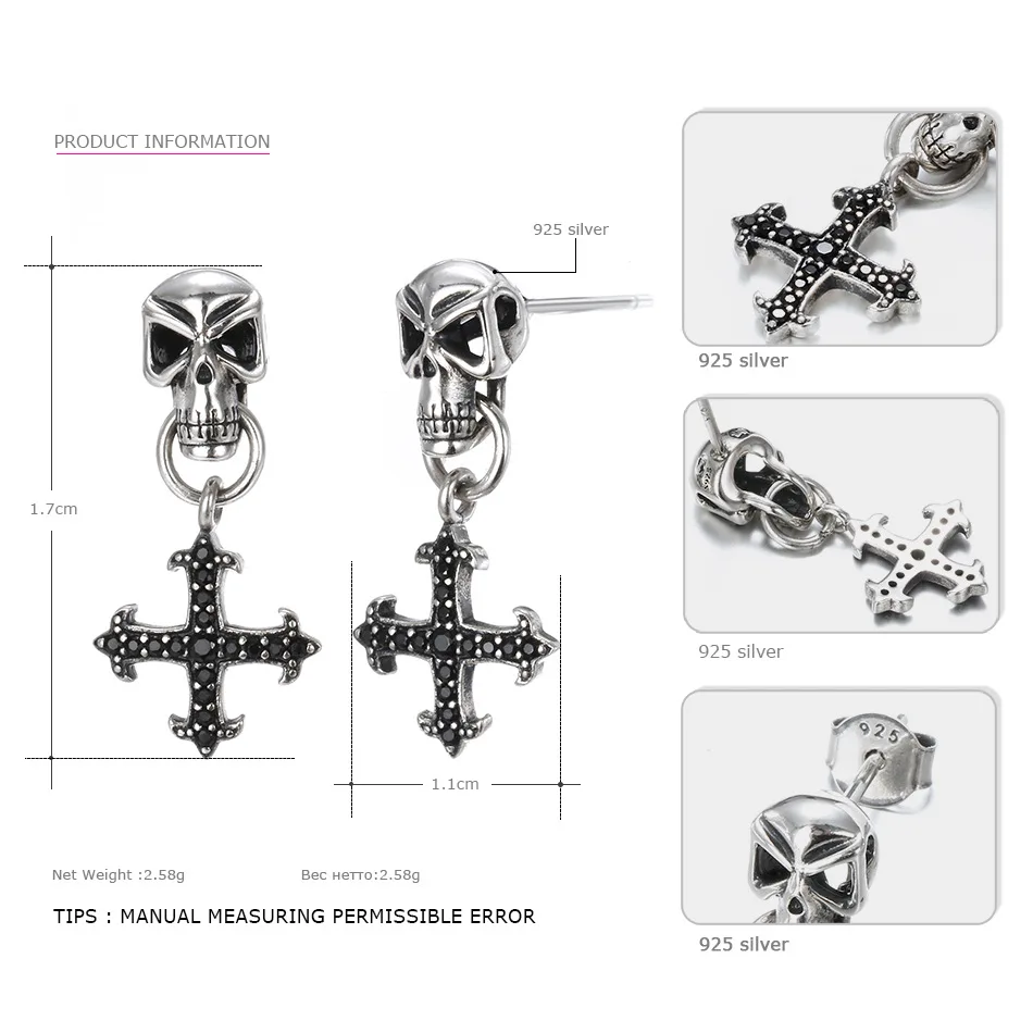 Say-You-Say-Me-925-Sterling-Skull-Earrings-Wholesale-Fashion-Black-Zircon-Cross-Earrings-Unisex-Best-T09