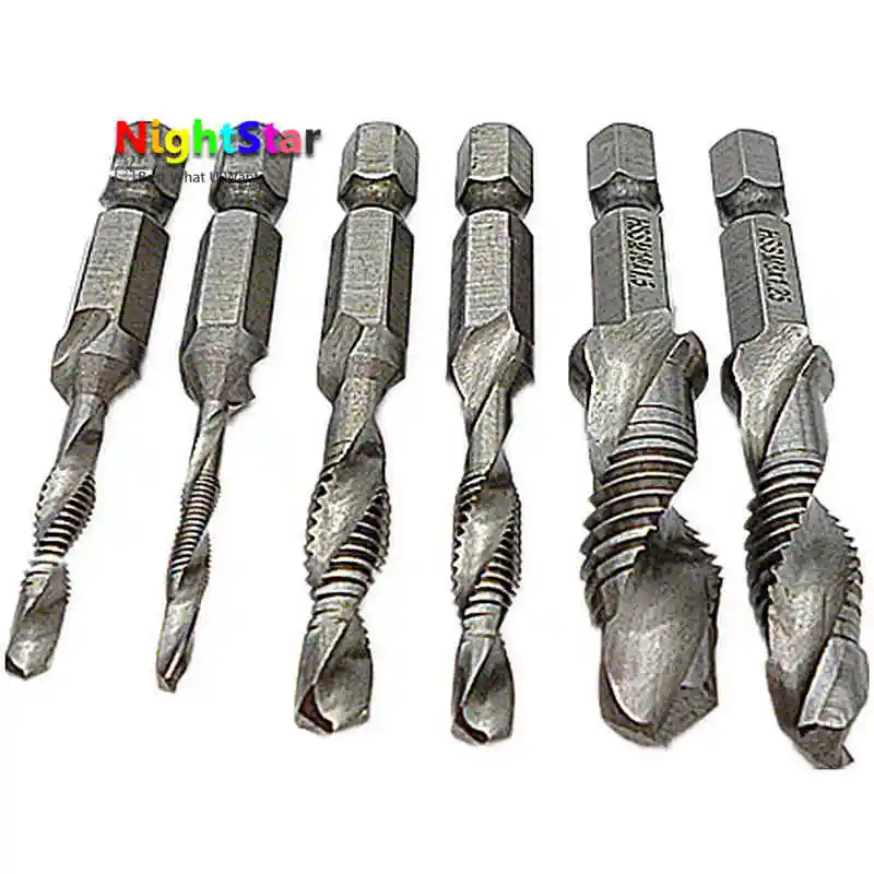 

6Pcs Hss Drill Tap Combination Bit Countersink Set Titanium Screw Tap Drill Bit M3-M10 1/4 Hex Shank Combination Drill Tap Bit