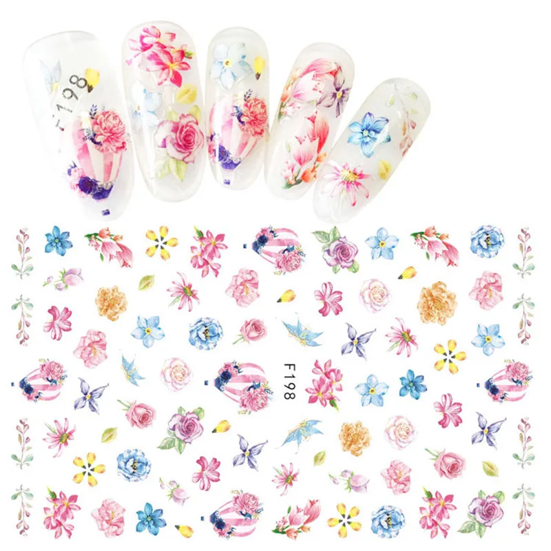 1 лист цветок серии 3d клей для ногтей Маникюрные Наклейки Art Переводные татуировки на водной основе Шарм Для женщин для мастера ногтевого сервиса украшения смешанных - Цвет: F198