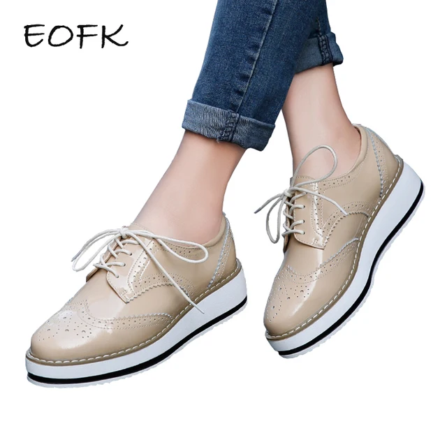 EOFK Brand Spring Women Platform Shoes Woman Brogue Patent Leather Flats Lace Up Footwear Female Flat Oxford Shoes For Women