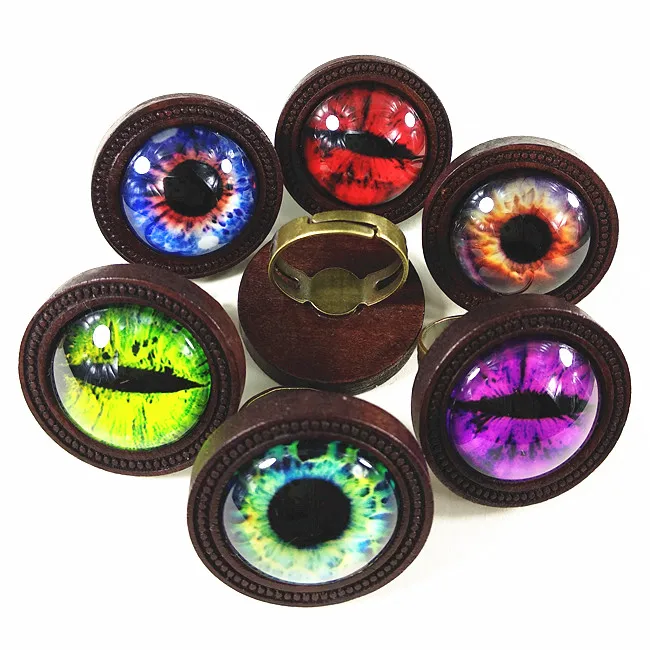 

24pcs Wood Cabochon Ring Base with red purple blue green Dragon Cat Eyes Photo Glass Cabochon the Ethnic Style ring for party