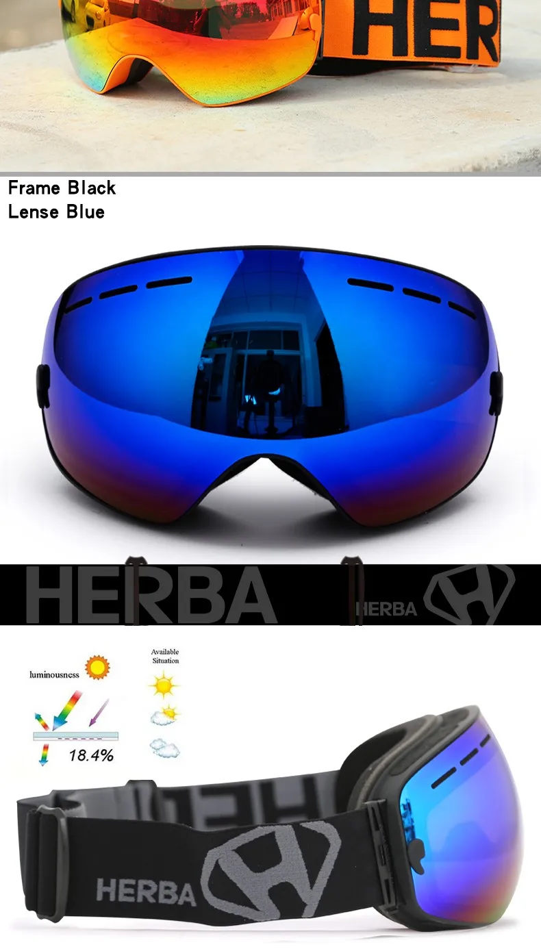 New HERBA brand ski goggles Ski Goggles Double Lens UV400 Anti-fog Adult Snowboard Skiing Glasses Women Men Snow Eyewear 30