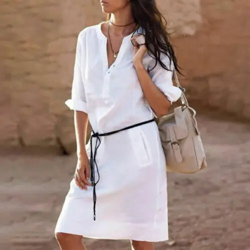 

Summer Dresses 2019 New Casual Women Summer Cotton Loose Long Sleeve Turn-down Collar Solid Short Dress