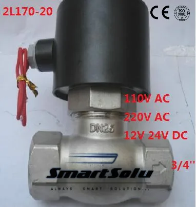 

Free shipping 2L170-20 2Way NC Hi-Temp 3/4'' Stainless Steel Steam Electric Solenoid Valve PTFE DC 24V