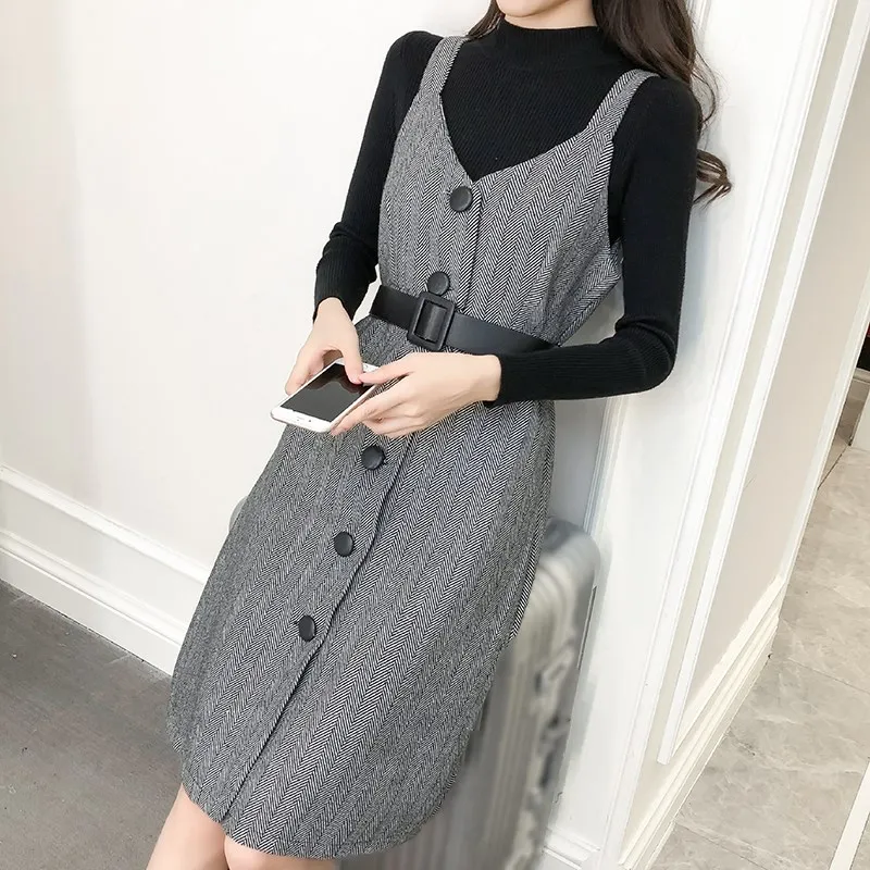 

Spring Winter Elegant Women Strap Midi Dress Empire Long Sleeve Slim Casual Dress Overalls Stripe Fashion Dress