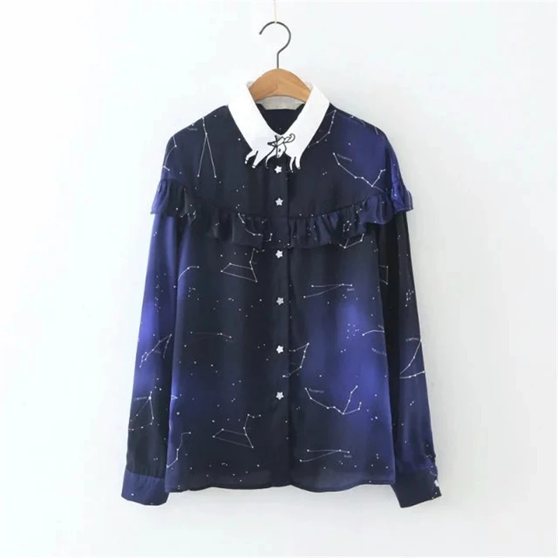 

Spring Autumn Space Star Chiffon Shirt Cosmic Constellation For Women Blouse Long Sleeves Galaxy Prints Shirts Casual Tops