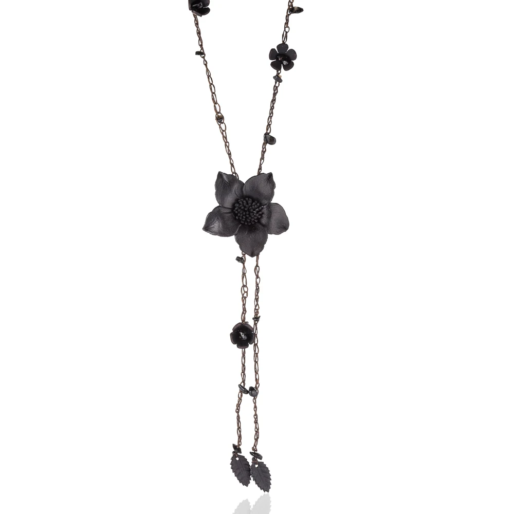 HOCOLE, красивое женское ожерелье, массивное кожаное цветочное ожерелье, s& Кулоны, каменные бусы, длинная цепочка, ожерелье для женщин, ювелирное изделие - Окраска металла: black