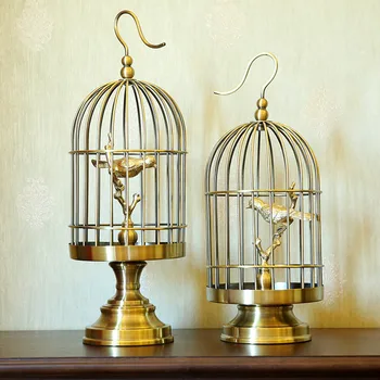 

Creative classical copper birdcage statue vintage home decor crafts room decoration objects study office Metal birds figurines