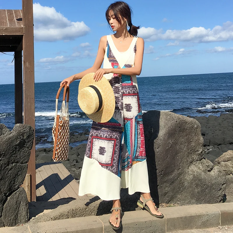 

National wind V-neck sleeveless wide-leg trousers dress new seaside holiday beach jumpsuit trousers dresses
