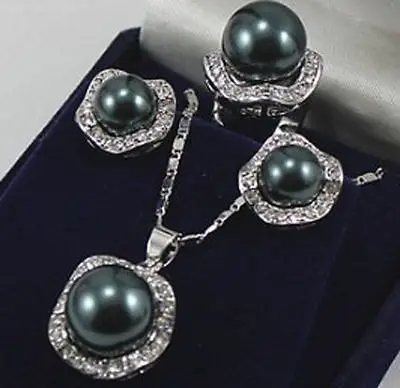 

PIJH78U AAA Hot sale Free Shipping>>Fashion jewelry Silver Black Shell Pearl Pendant Earring Ring Set