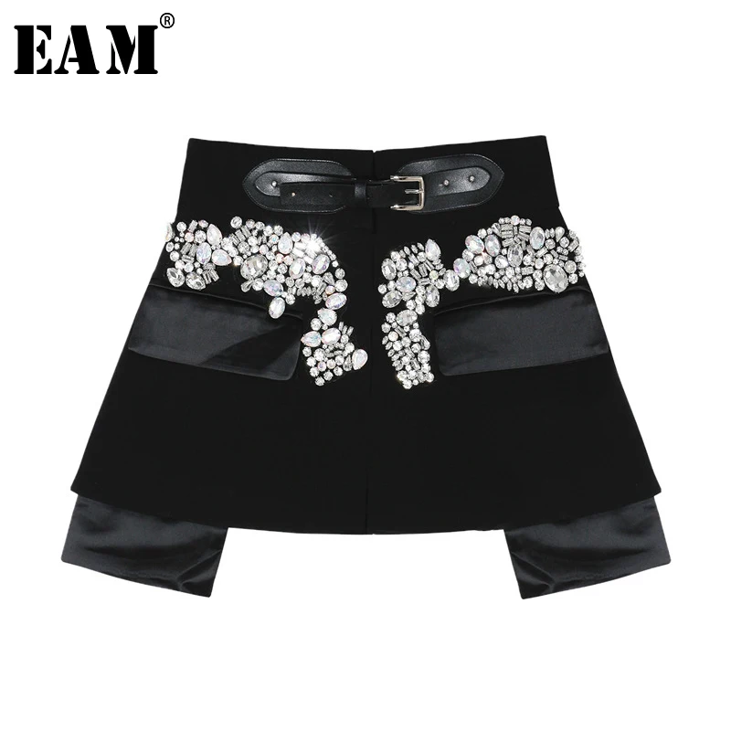 [EAM] New Spring Autumn High Waist Black Beading Blingbling Spliced Personality Short Half-body Skirt Women Fashion JY758