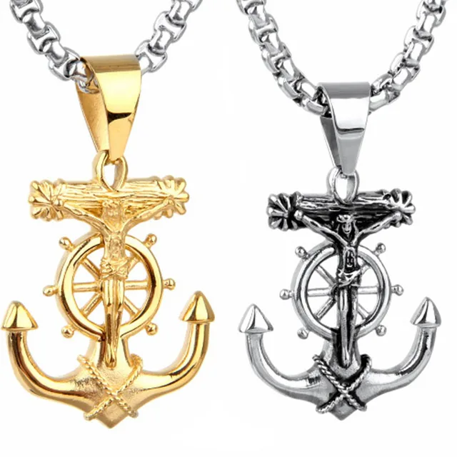 Men's Anchor Necklace Gold/Silver Plated Jesus Cross Anchor Cross Charm