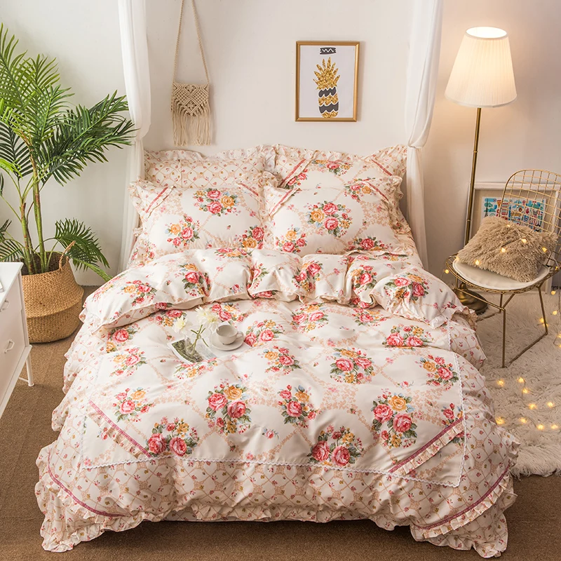 

4Pcs Pink Blue Floral print Korean style Bedding set Queen size soft bedclothes Bed sheet set Duvet cover Pillowcases 40