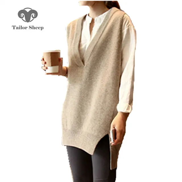 17 the latest vest women front is short the back is long style sleeveless mid-long V-neck loose jacket sweater female pullover