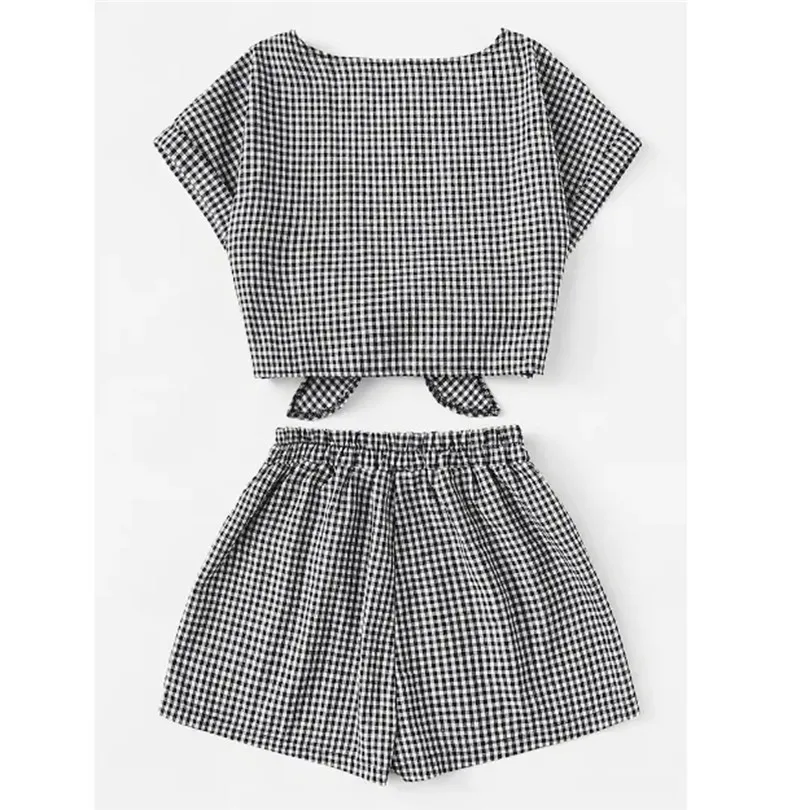 V Neck Bandage Crop Top Mid Waist Summer Shorts Women Set Plaid Sexy 2 Piece Set Women Short Sleeve Chandal Mujer 40AP2912