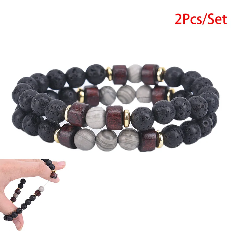 

2Pcs/Set Lovers Couples Lava Rock 8mm Bead Stone Elastic Yoga Beads Bracelet