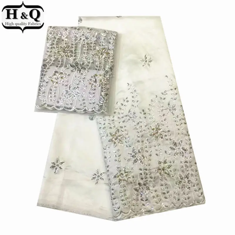 

High Quality African George Lace Fabric 5 yards Embroidered With Stones&Sequins + 2 yards French Net tulle lace for Party Dress