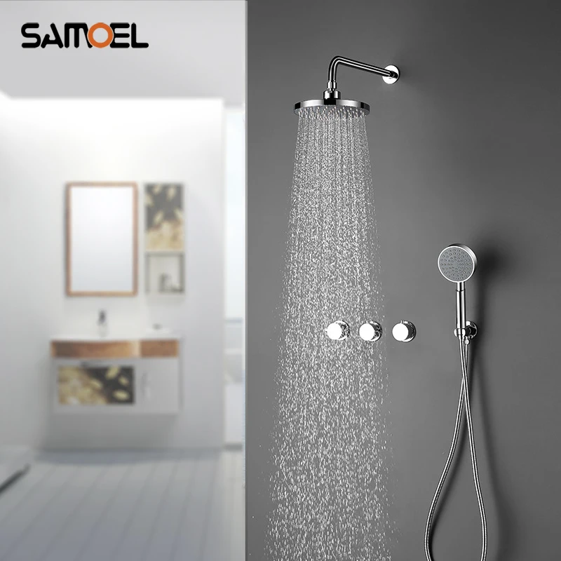 

Modern Brass wall Mounted Concealed Shower Faucet Set Three Handle Shower Taps With 8inch Round Showerhead SF1050