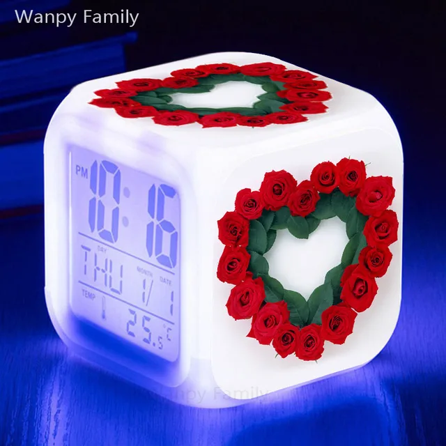 Heart shaped loving heart Rose Alarm Clocks 7 Color Glowing LED